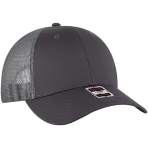 A grey low-profile trucker cap with a solid front and mesh back, featuring a logo on the front.