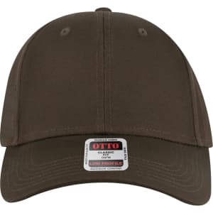 A low profile baseball cap in dark brown with a branded label on the front.