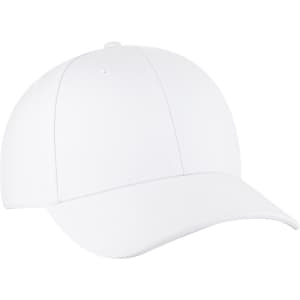 A white 6 panel low profile baseball cap with a curved brim and a logo on the front.