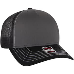 A five-panel low-profile trucker cap featuring a grey front and black mesh back, with a branded tag on the front.