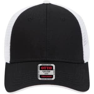 A black and white 6 panel low profile trucker cap with a mesh back and a logo on the front.