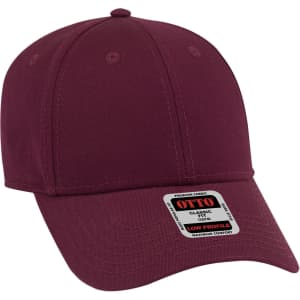 A burgundy 6 panel low profile baseball cap with a logo on the front and an adjustable strap at the back.