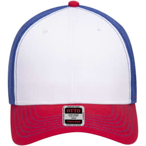 A low profile trucker cap with a white front, red brim, and blue mesh back. It features a logo at the back.