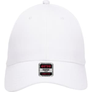 A white six-panel low-profile baseball cap featuring a logo. The cap has a comfortable fit design.