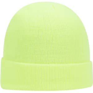 A classic knit beanie in bright neon yellow with a folded cuff. It features a logo on the side.