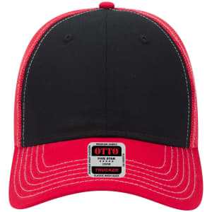 A black and red 6-panel low profile trucker cap with a mesh back and a visible logo on the front label.