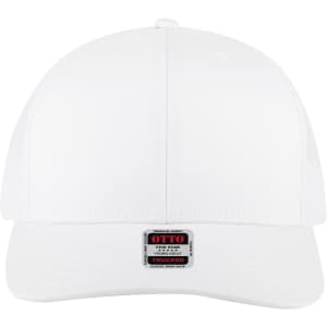 A white 6 panel mid profile trucker cap with a branded label on the front.