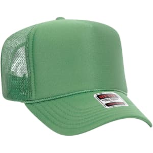 A green 5 panel high crown trucker cap with a mesh back and a logo tag on the front.