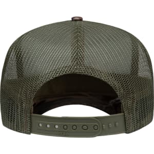 A green 5 Panel High Crown Trucker Cap with a mesh back and an adjustable strap. It features a logo.