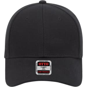 A black 6-panel low profile baseball cap featuring a branded tag on the front.