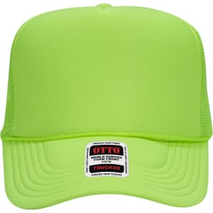 A high crown trucker cap in bright neon green with a logo and a durable snap closure.