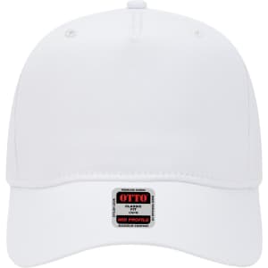 A white 5-panel mid-profile baseball cap with a tag and a logo on the front.