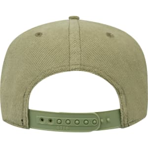 A green 5 panel mid-profile baseball cap featuring a plastic adjustable strap at the back and a logo.