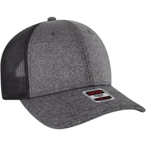 A grey six-panel low-profile baseball cap with a black mesh back and a branded patch on the front.