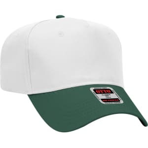 A five-panel mid crown baseball cap in white with a green brim, featuring a logo on the side.