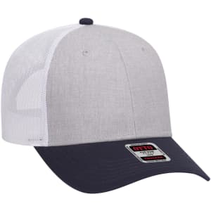 A light grey and white 6-panel low profile trucker cap with a navy blue peak and a logo on the front.