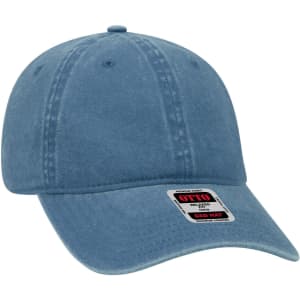 A blue low-profile dad cap with a curved peak, featuring a logo on the front label.