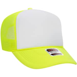 A high crown trucker cap in bright yellow with a white front panel and mesh sides, featuring a label.