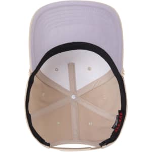 An interior view of a beige 5 Panel Mid Profile Baseball Cap, featuring a black brim and a logo.