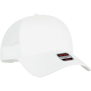 A white low profile trucker cap with a mesh back and a logo on the front.