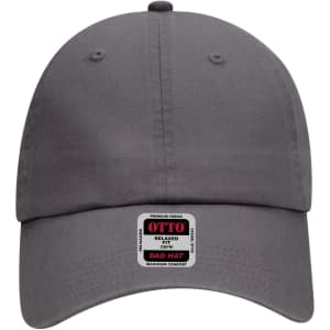 A grey 6-panel low profile dad cap featuring a front logo. The cap has a relaxed fit design.