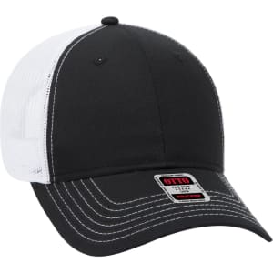 A black and white 6 panel low profile trucker cap featuring a mesh back and a logo.
