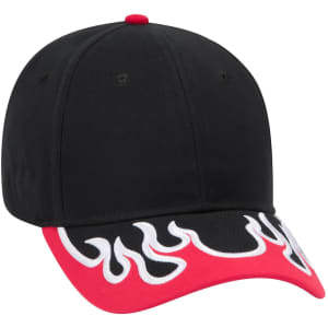 A black low-profile baseball cap featuring red flame embroidery on the visor and a logo on the front.