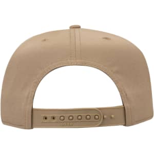 A khaki 5-panel mid profile baseball cap featuring a strap at the back and an embossed logo.