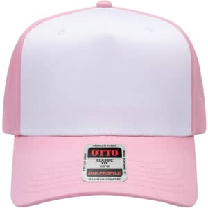A pink and white 5 panel mid crown baseball cap with a logo on the front.