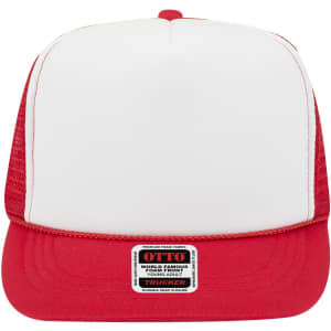A high crown trucker cap featuring a white front and red mesh sides, with a logo on the front.