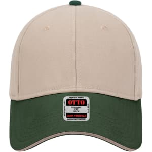 A beige and green six-panel low profile baseball cap with a logo on the front.