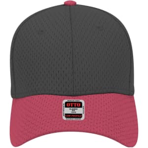 A 6 panel low profile baseball cap featuring a grey top and a pink peak, with a brand logo on the front.