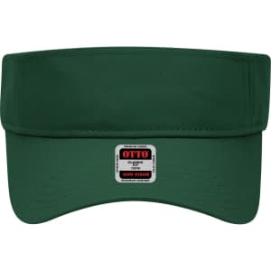 A green sun visor with a wide brim and an attached logo on the front.
