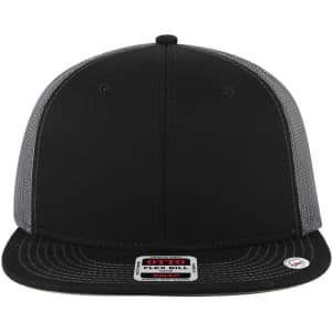 A black 6-panel mid-profile trucker cap with a grey undervisor and a logo on the front.