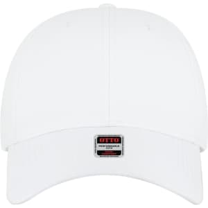 A white six-panel low profile style baseball cap with a branded label on the front.