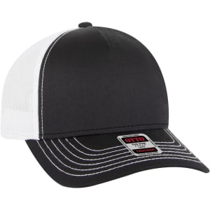 A black and white 5 panel low profile trucker cap with a mesh back and a branded label.