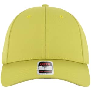 A yellow 6 panel low profile baseball cap with a logo and a label on the brim.