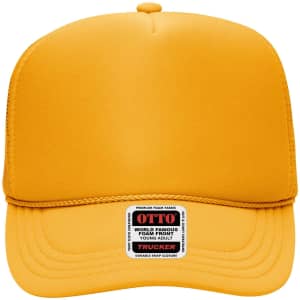A yellow 5 panel high crown trucker cap with a branded label on the front.