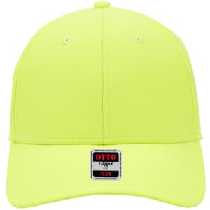 A bright yellow UPF 50+ 6 panel low profile baseball cap with a logo on the front.