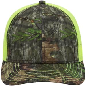 A camo baseball cap featuring a low profile design with a bright yellow mesh back and intricate camouflage patterns.