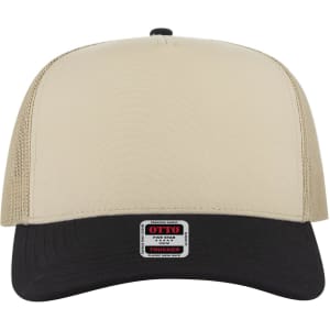 A beige and black 5-panel mid-profile trucker cap with a logo on the front.