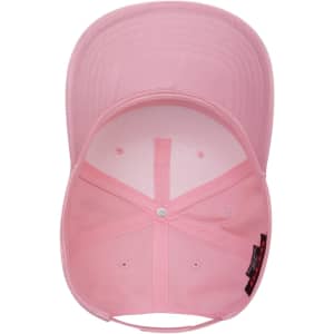 A pink 5 panel mid crown baseball cap featuring an interior view, showcasing its stitching and structural design.