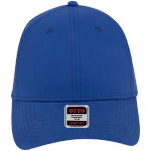A blue low profile baseball cap with a six-panel design and a logo tag on the front.
