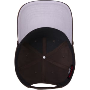 A brown 5 panel mid-profile baseball cap viewed from above, featuring a light grey underside and a logo.