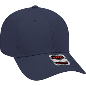 A navy blue 6 panel low profile baseball cap with a branded label on the front.