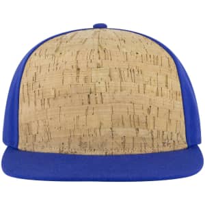 A snapback cap with a cork front and royal blue sides and brim. It features a logo on the front.