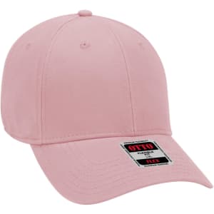 A pink 6-panel low profile baseball cap featuring a logo on the front. Suitable for casual headwear.