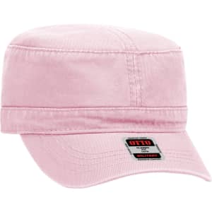 A pink military hat with a flat crown and a short brim. It features a branding label.