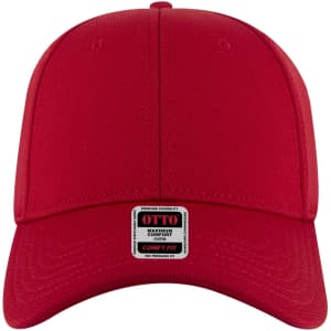 A red low profile baseball cap featuring a logo on the front and a comfortable fit design.