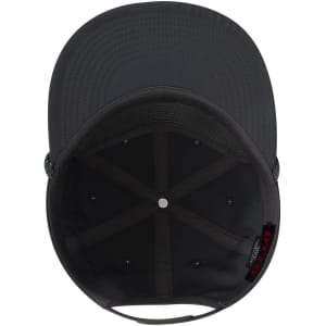 A black 5 Panel Pro Style Snapback Cap with a mesh interior and a logo displayed inside.